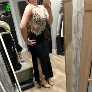 JVN Jovani Sheer Silver Rhinestone Slit Prom Dress